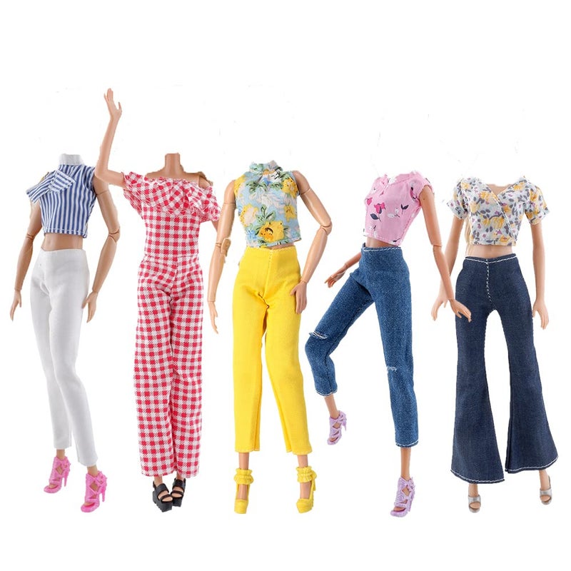 E-TING Lot 10 Items = 5 Sets Doll Clothes Casual Wear Outfit Tops Pants with 5 Pair Shoes Accessories for 11.5 Inch Doll (Style C) - Image 1